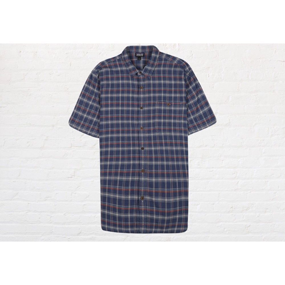 Patagonia Large Shirt Button Up Mens L Blue Plaid Short Slv‎ Organic Cotton EUC